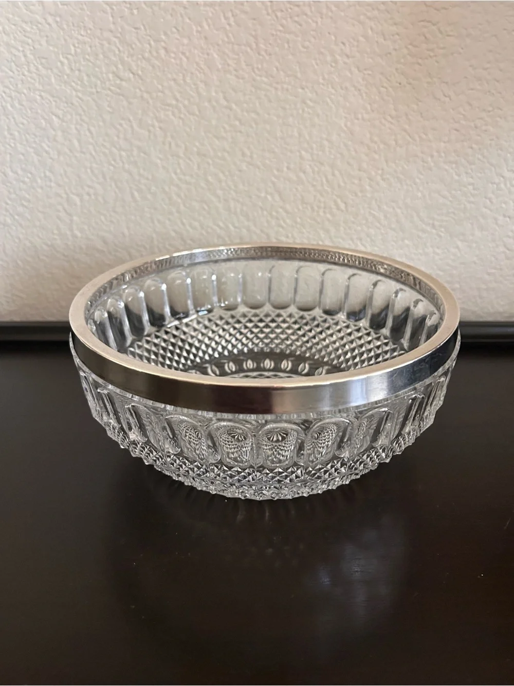 Vintage Teardrop and Diamond Point Pressed Glass Serving Bowl with Silver-Plated